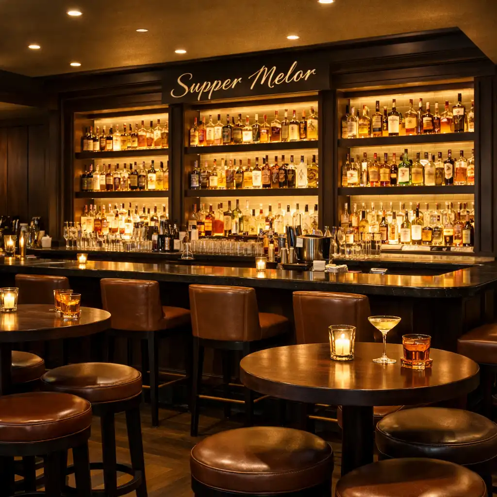 The bar lounge at Supper Melor with backlit shelves and high-top tables