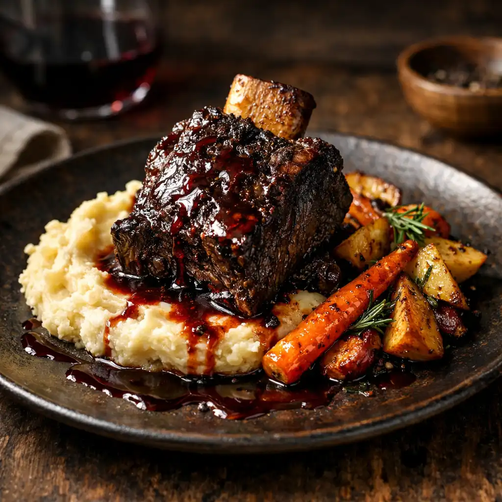 Slow-braised beef short rib with mashed potatoes and roasted root vegetables