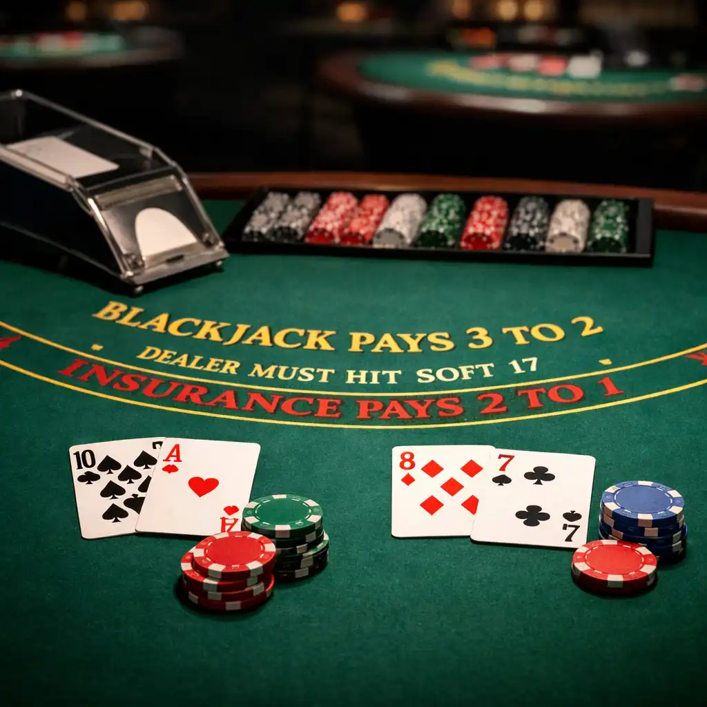 A dedicated blackjack table with cards, chips, and a dealer's shoe under a spotlight.