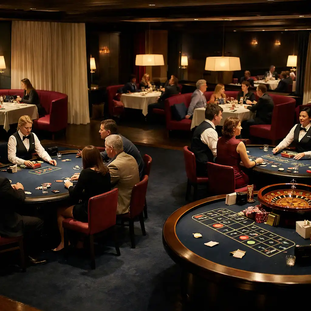 A wide view of the physical casino floor at Supper Melor, with poker, roulette, and blackjack tables arranged under soft theatrical lighting