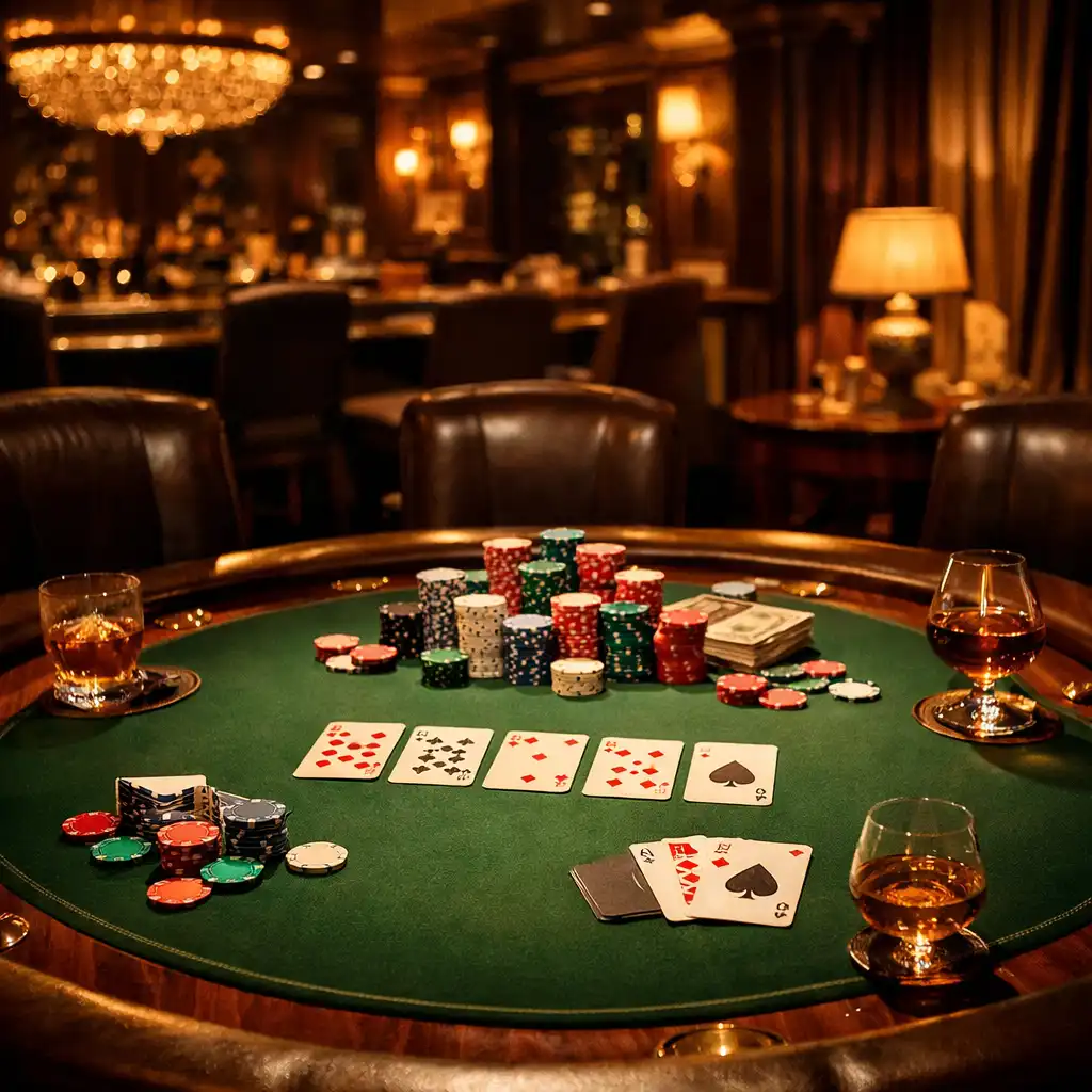 Sophisticated casino interior with warm ambient lighting and a physical poker table