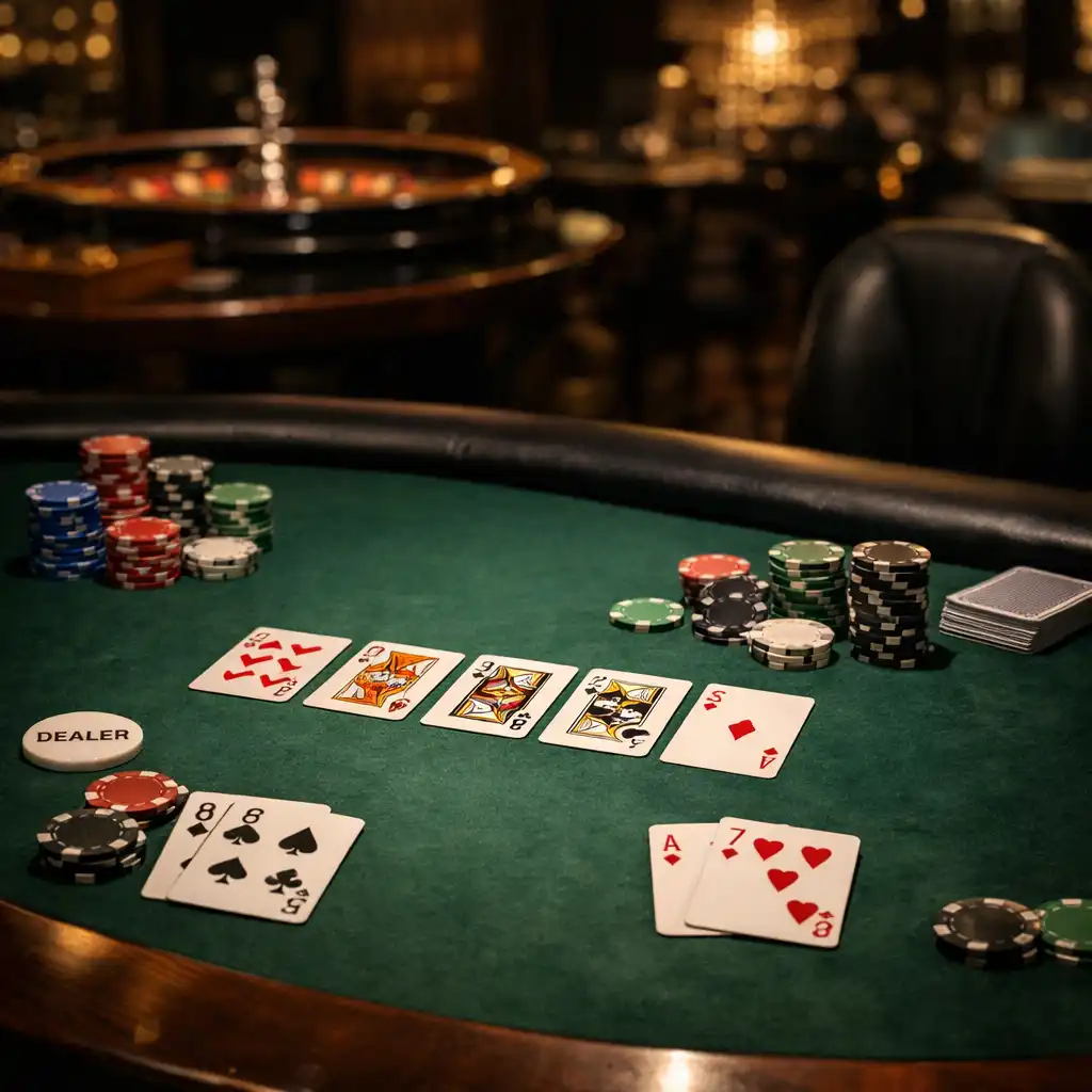 A physical poker table in the casino at Supper Melor with cards and chips under a spotlight