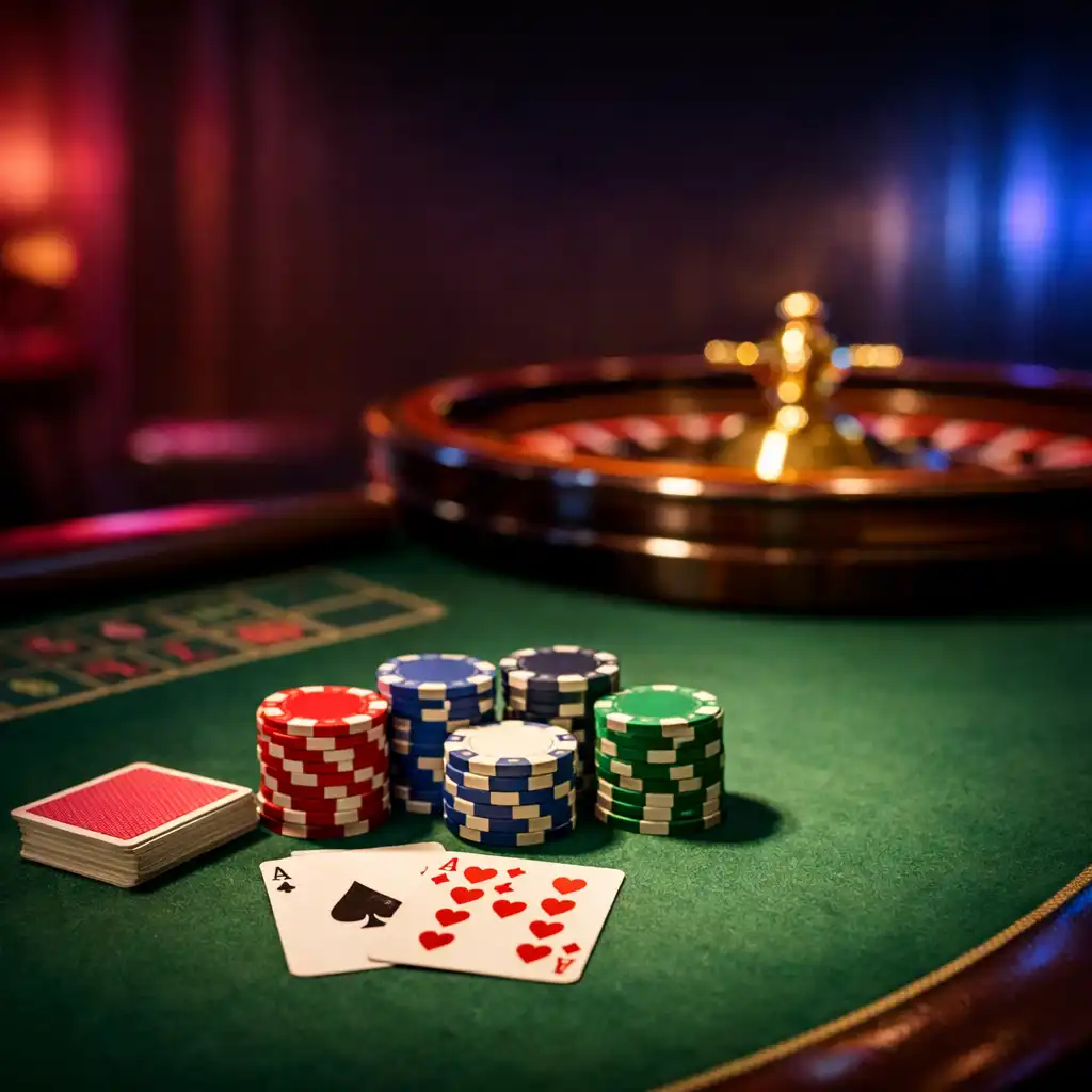 A physical casino table with green felt, colourful chips, playing cards, and a roulette wheel in the background, lit by a soft spotlight
