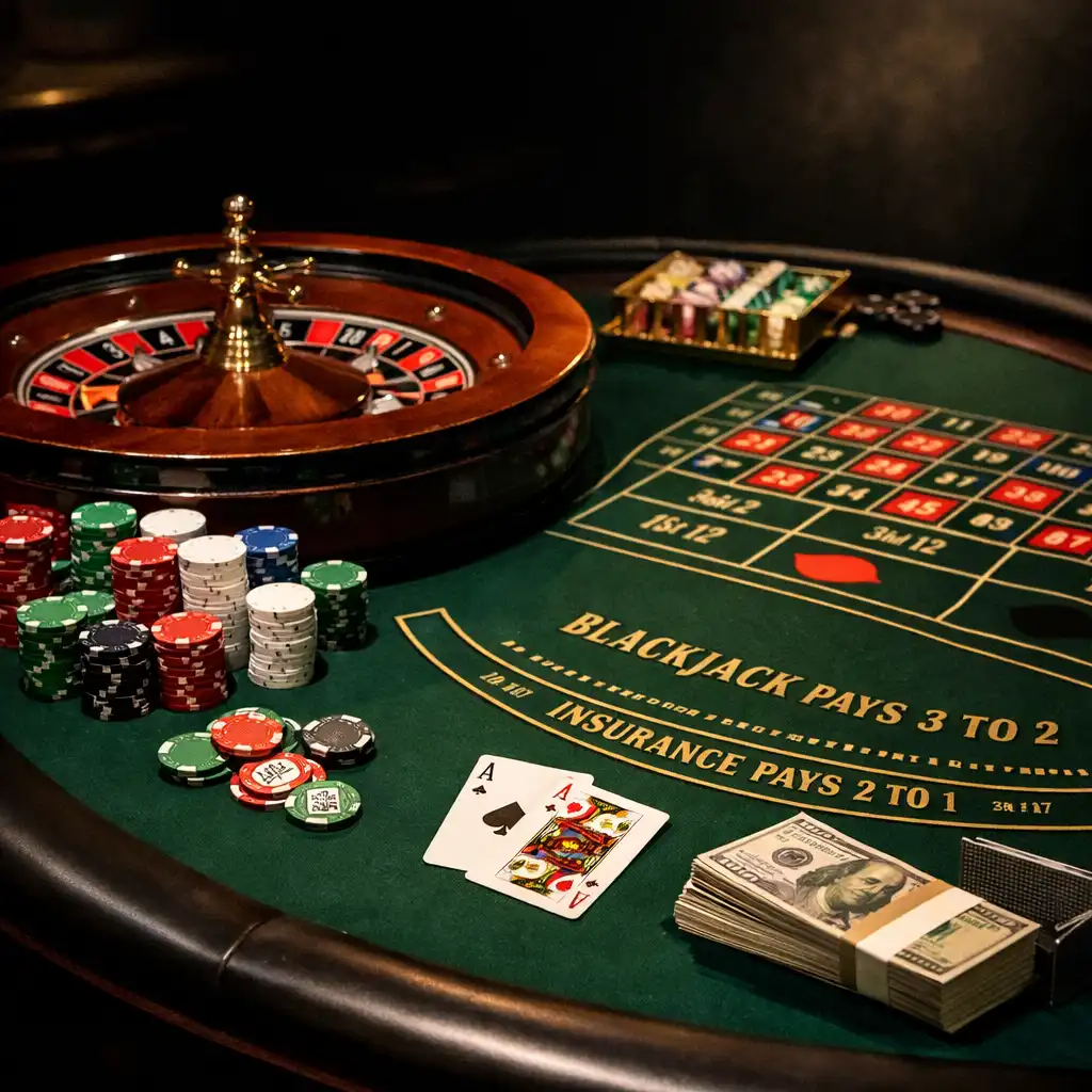 A physical casino table with cards, chips, and a roulette wheel, lit by a soft spotlight in an elegant setting.