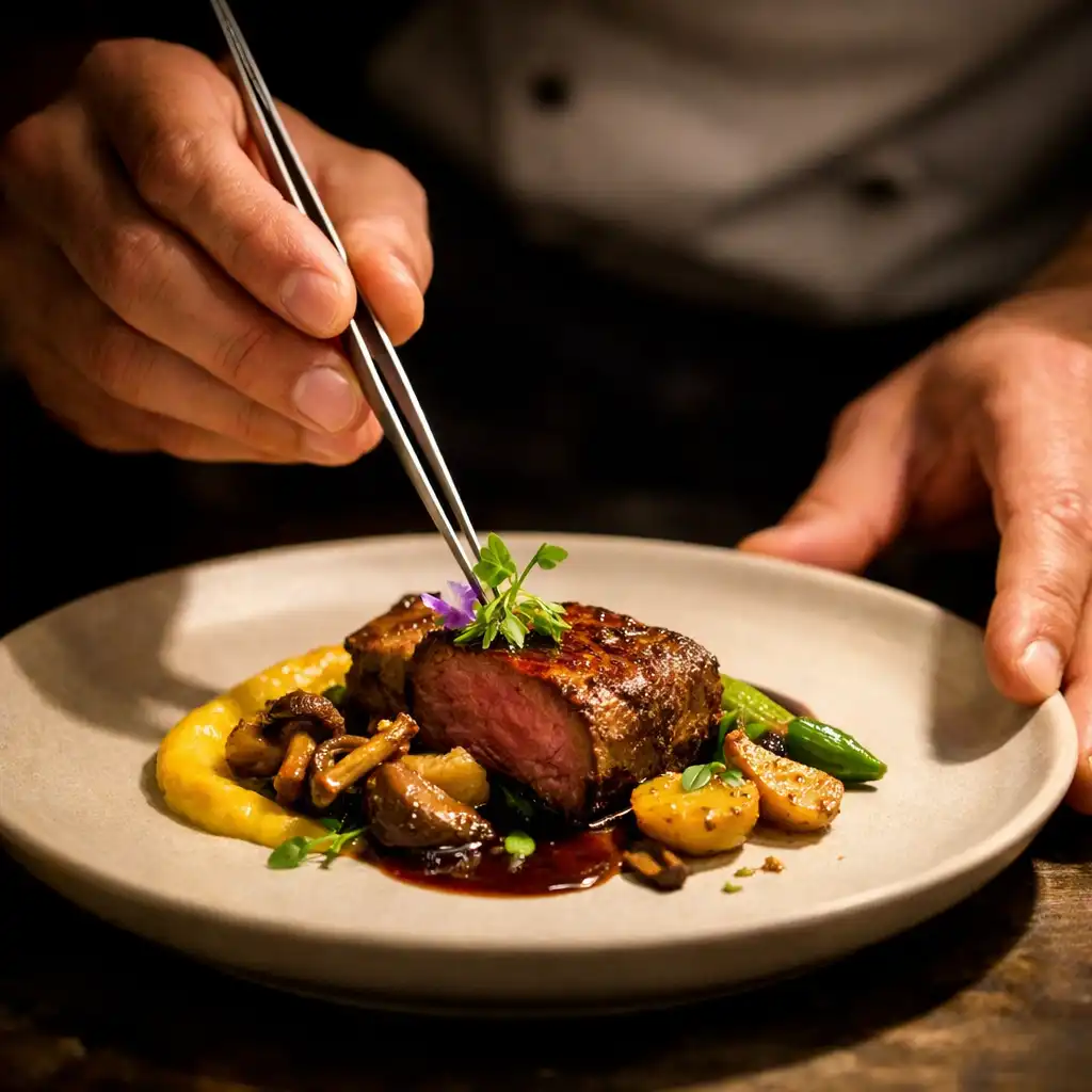 Chef's hands carefully plating a dish with tweezers under a soft spotlight