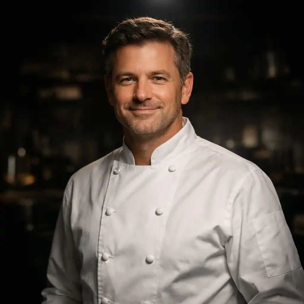 Portrait of the head chef in a dark kitchen under a single spotlight