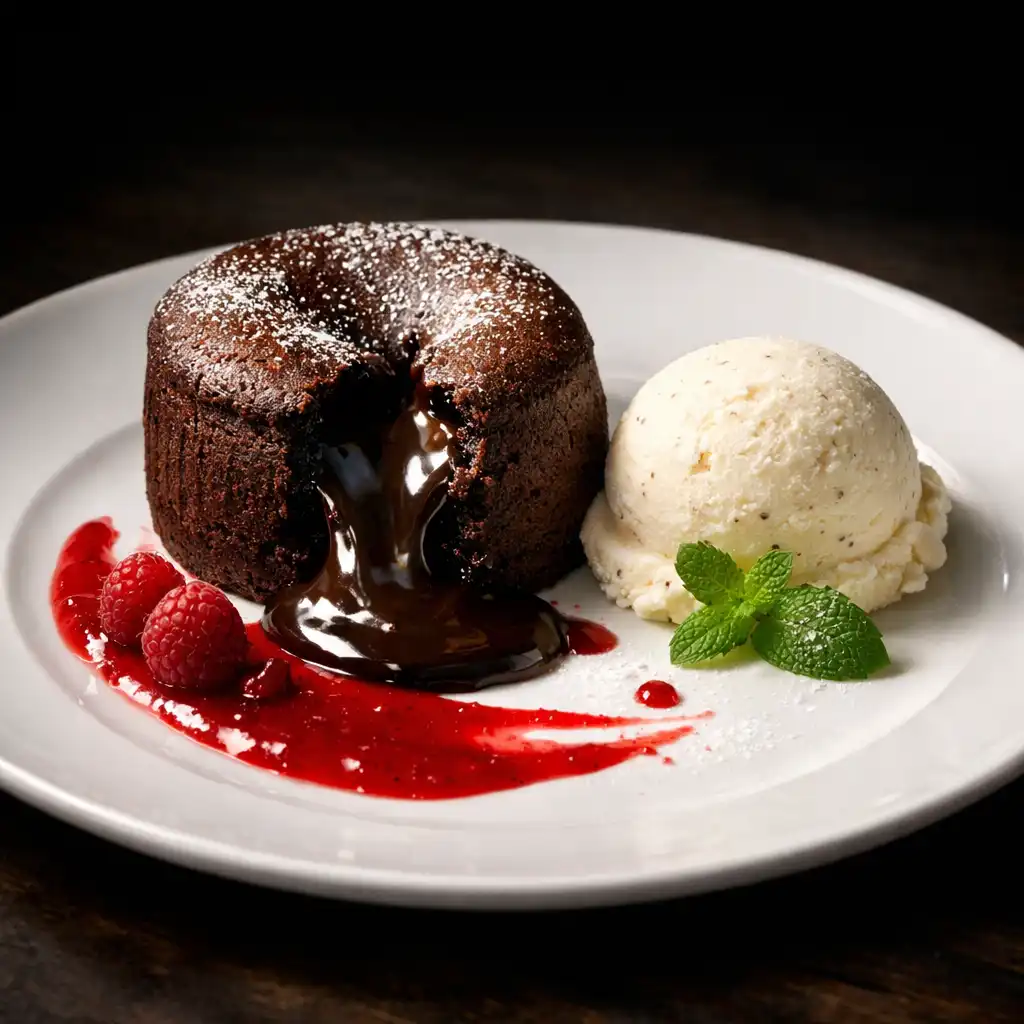 Dark chocolate fondant with vanilla bean ice cream and raspberry coulis