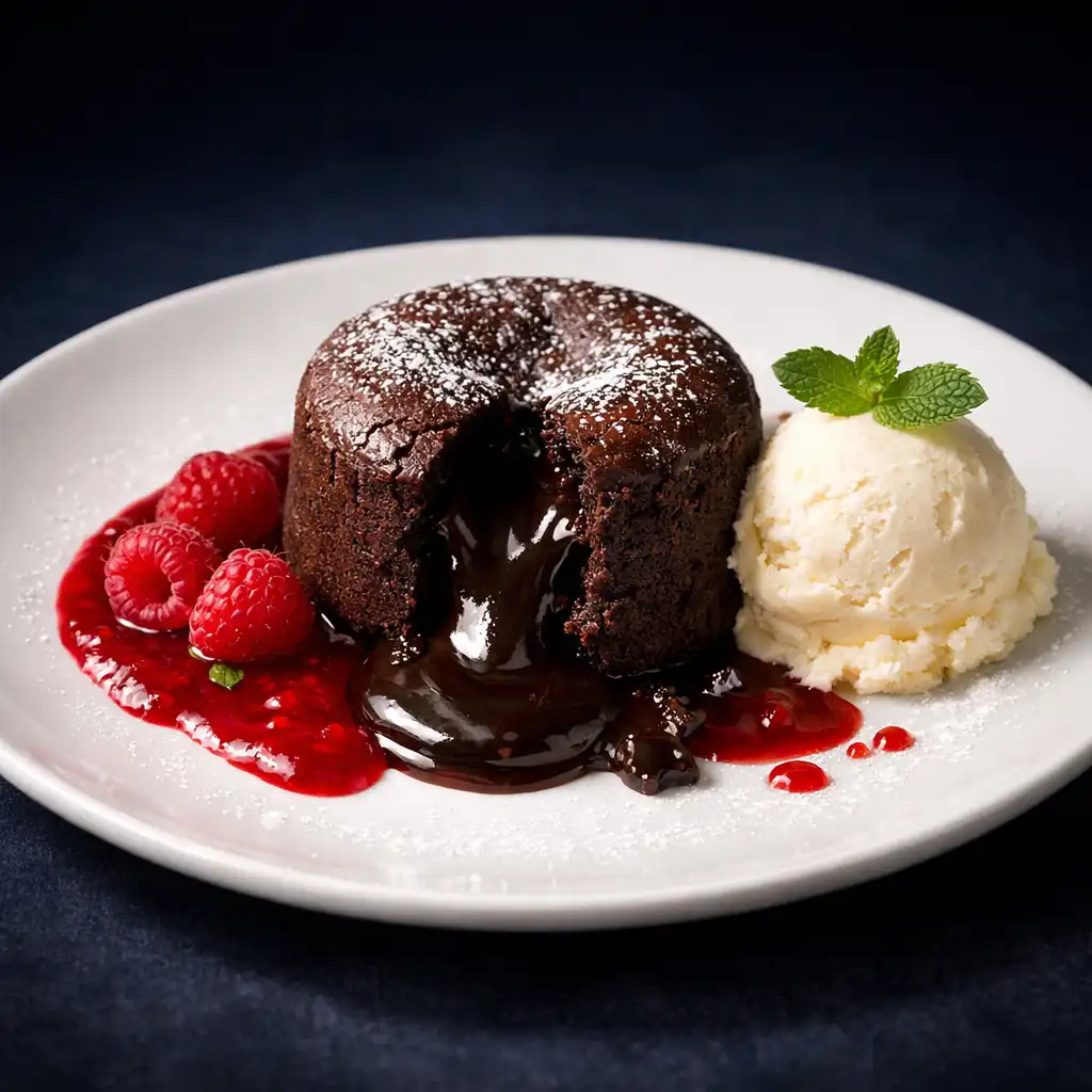 A dark chocolate fondant with molten centre, served with vanilla ice cream and raspberry coulis.