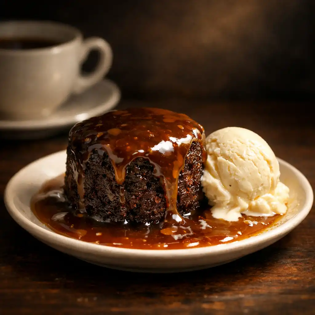 A sticky toffee pudding with vanilla ice cream bathed in a soft spotlight