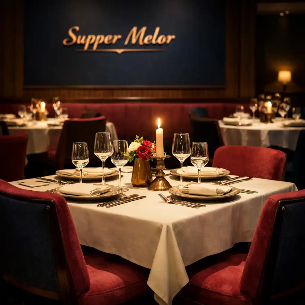 The Supper Melor dining room with a table illuminated by a soft overhead spotlight