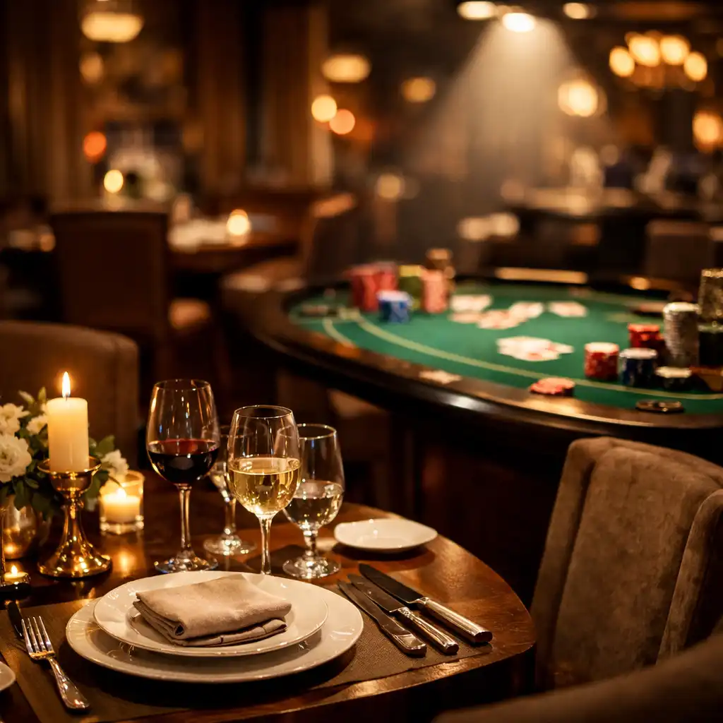 A beautifully set dining table in the foreground, with a casino table and chips visible in the background under matching spotlights