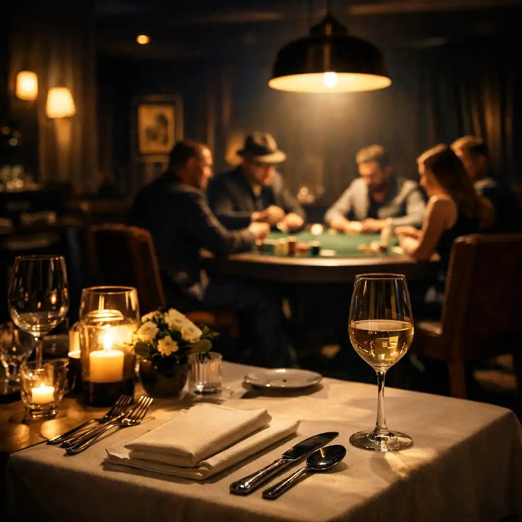 Restaurant dining table in the foreground with a poker table under a pendant spotlight in the background