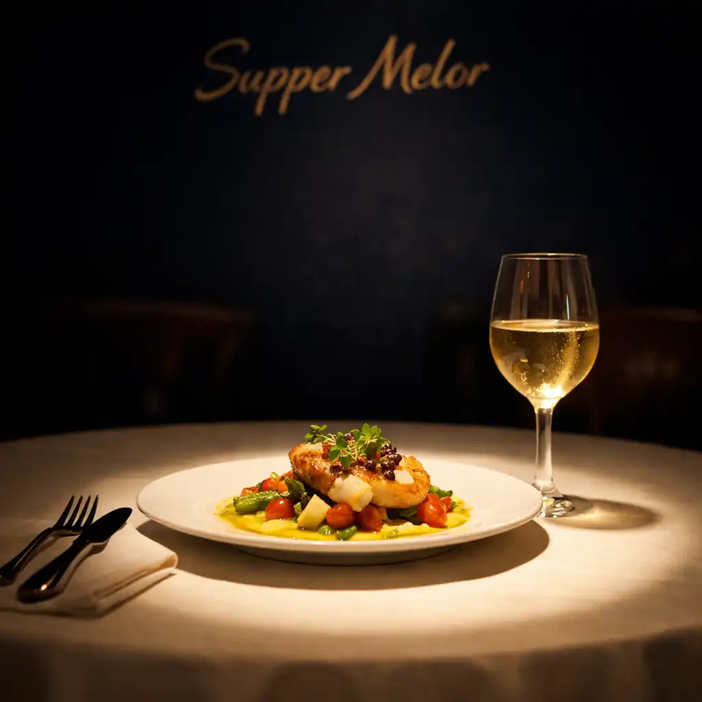 Close-up of a table under a spotlight with a plated dish and glass of wine