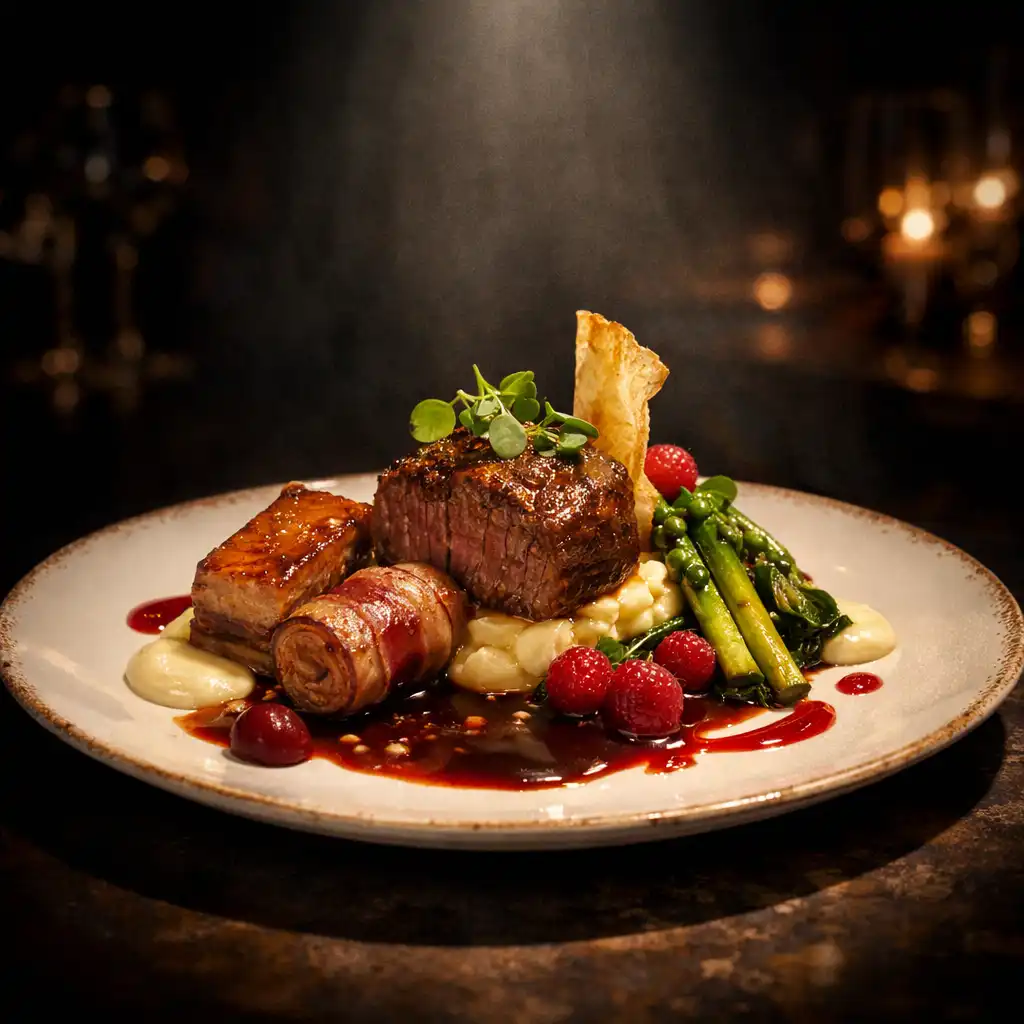 Gourmet dish beautifully presented under a soft theatrical spotlight