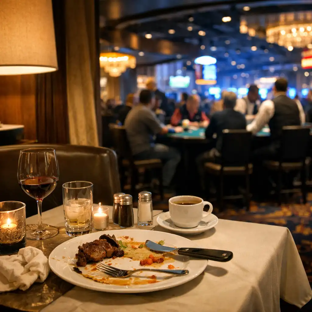 A scene showing the transition from a dining table with a finished meal to a softly lit casino floor in the background.