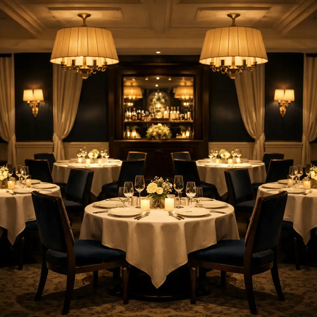 A wide shot of the restaurant dining room with multiple tables and spotlight pools.