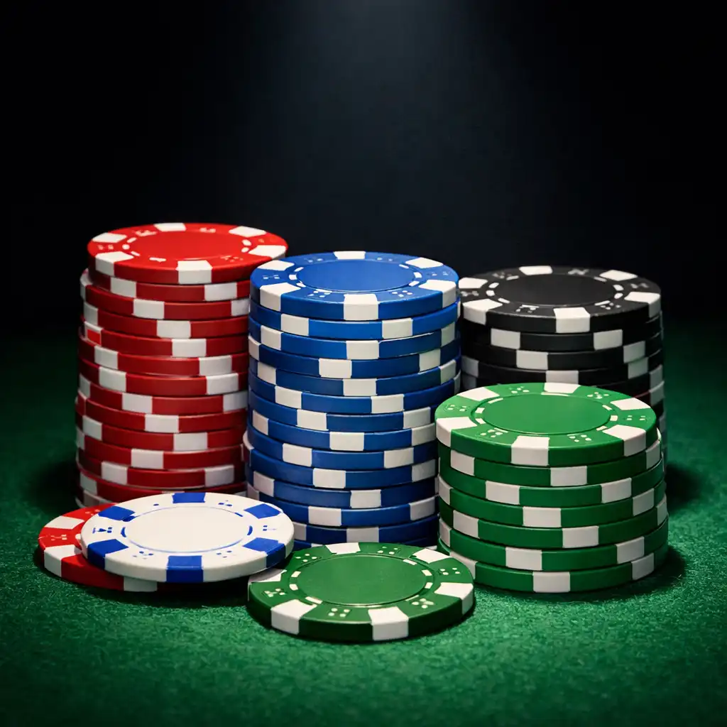 A close-up of poker chips stacked on a green felt table under a spotlight.