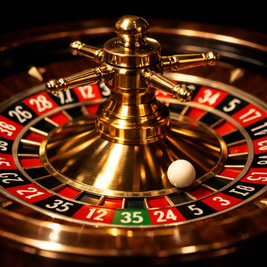 A close-up of a roulette wheel in motion with the ball visible.