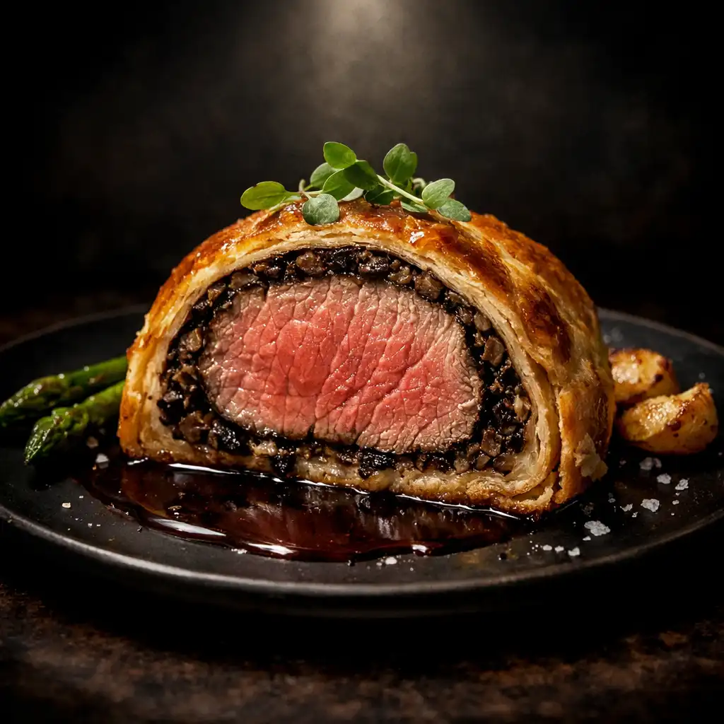 A close-up of a signature dish on a dark plate with a spotlight from above.