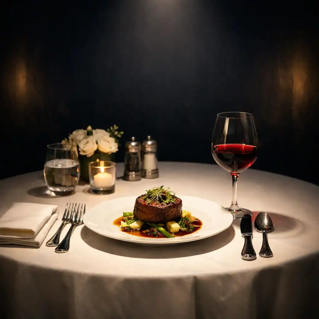 A beautifully set dining table illuminated by a soft theatrical spotlight, with elegant linens, polished silverware, and a gourmet dish.
