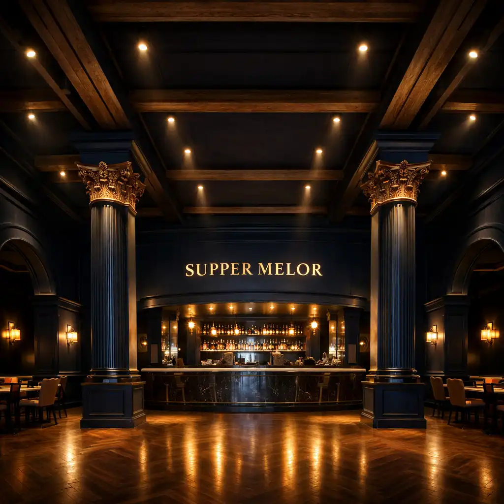 Architectural details of the Supper Melor interior with a high ceiling, dark navy walls, and elegant columns
