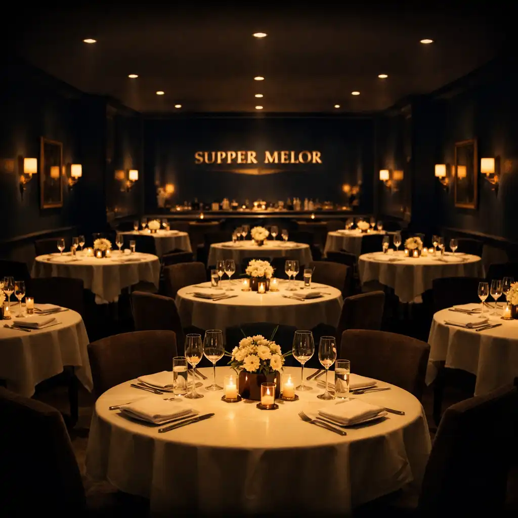 The main dining room at Supper Melor with warm spotlight pools on each table