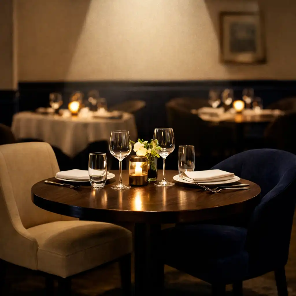 The interior of an upscale restaurant with warm ivory walls, dark navy accents, and a circular spotlight illuminating a table set for two.