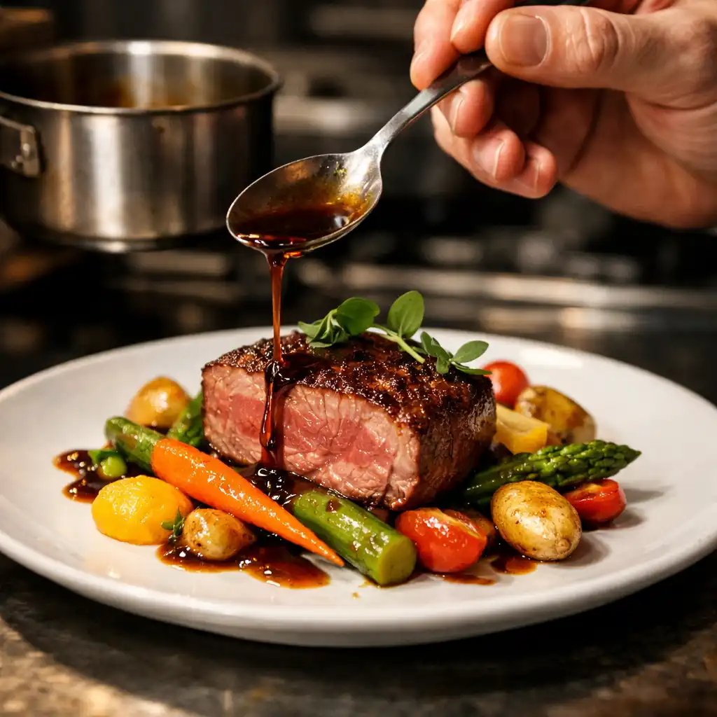 A close-up of a gourmet dish being plated in a professional kitchen, with seared meat, vibrant vegetables, and a sauce drizzle.