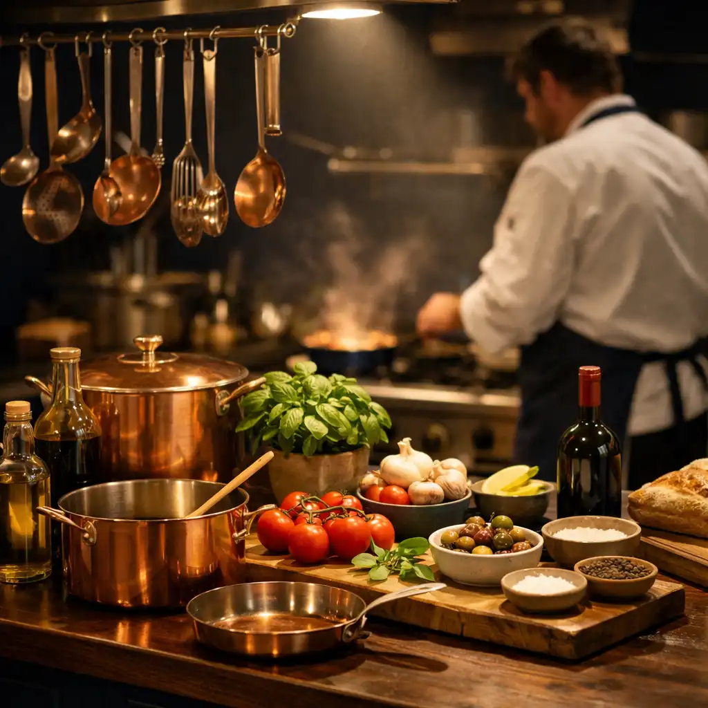 A well-organised kitchen station with copper pots and fresh ingredients under a soft spotlight