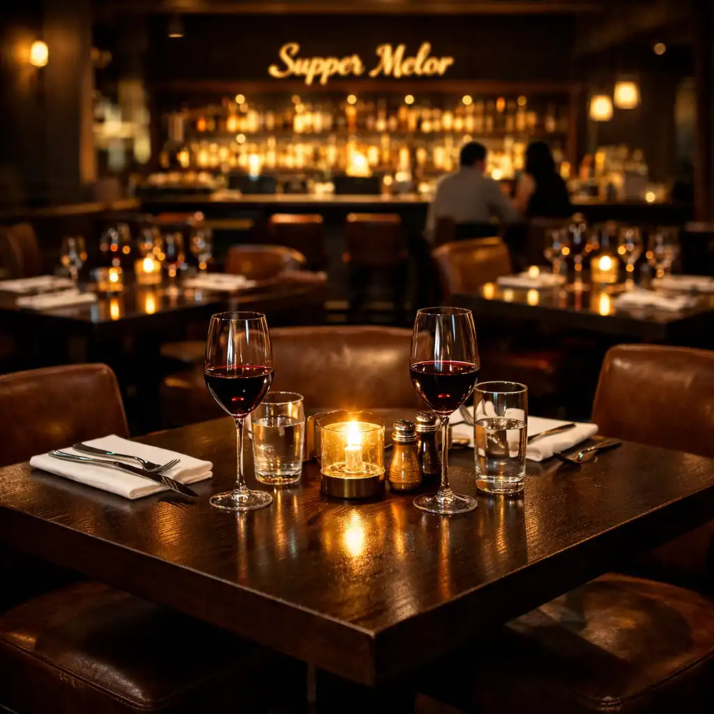The main dining room at Supper Melor set for dinner with warm spotlight pools