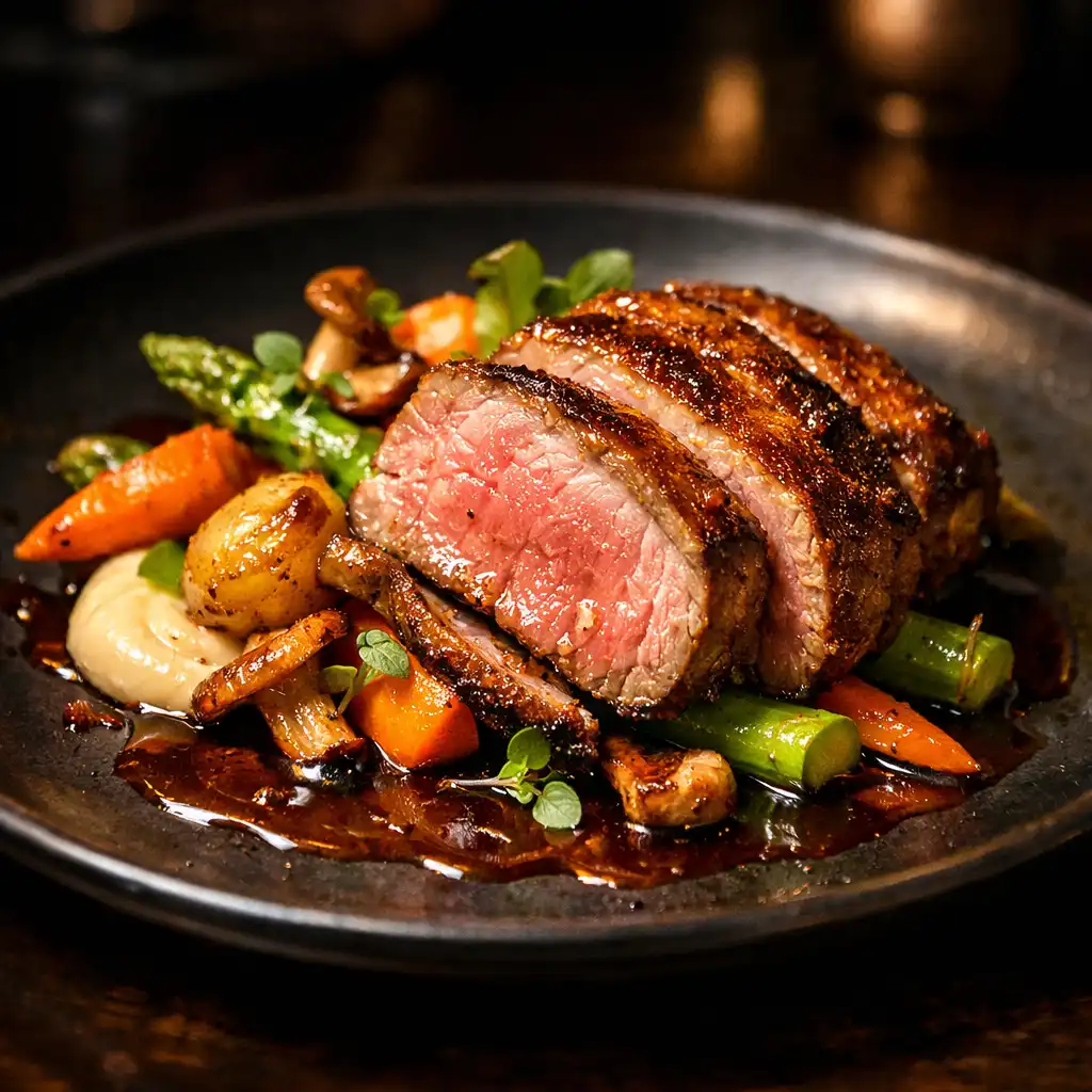 A main course of roasted lamb rump with seasonal vegetables and a rich jus on a dark plate.