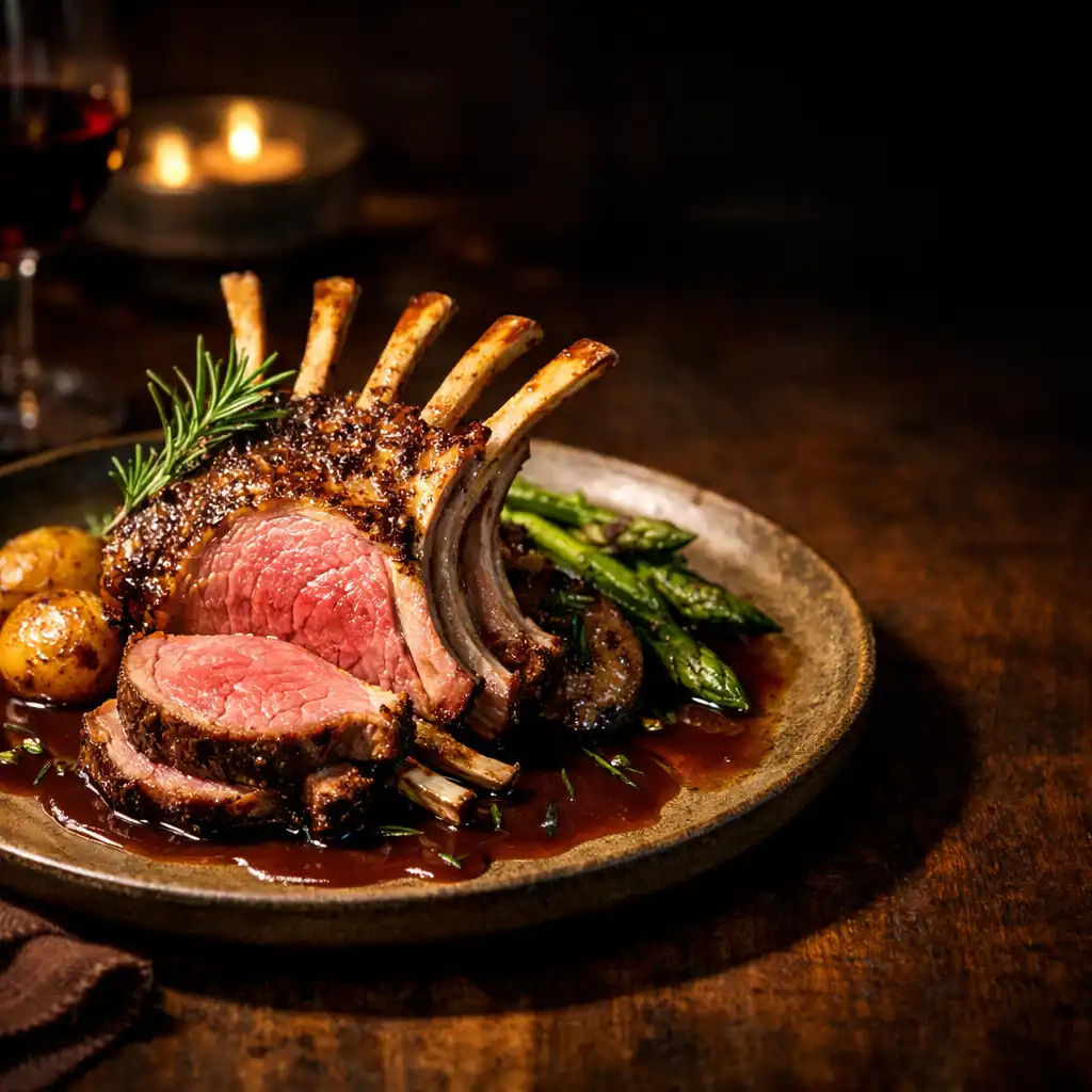 A hearty roast rack of lamb with rosemary jus under a warm spotlight
