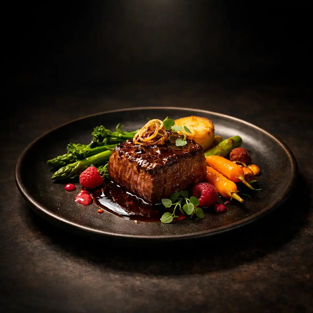 A beautifully plated signature dish illuminated by a soft overhead spotlight