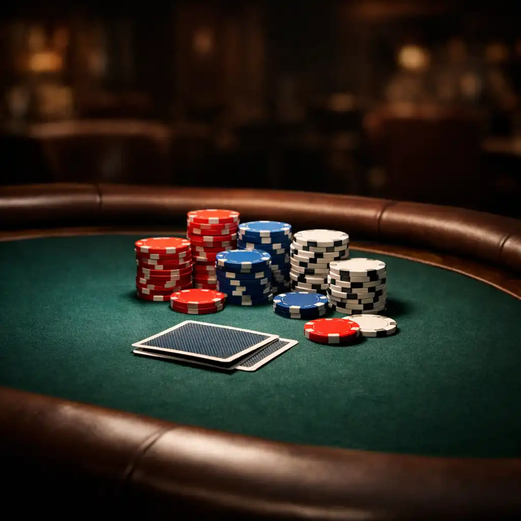 Close-up of a physical poker table with clay chips and playing cards under a soft spotlight