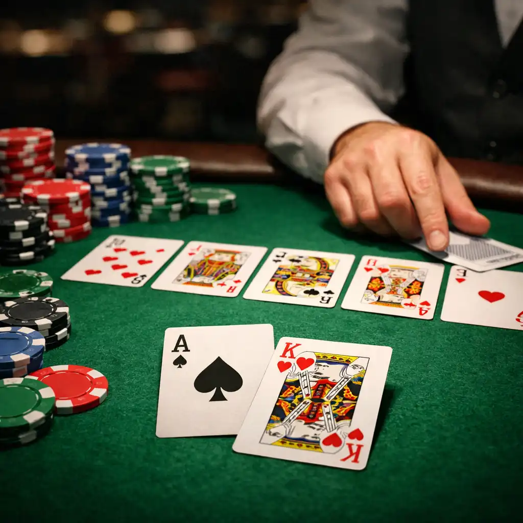 A close-up of a physical poker table with cards, chips, and a dealer's hand under a spotlight.