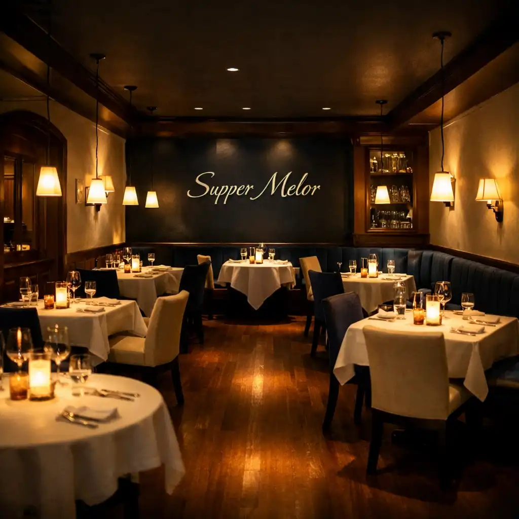 Warm and intimate restaurant interior with soft pools of light over tables