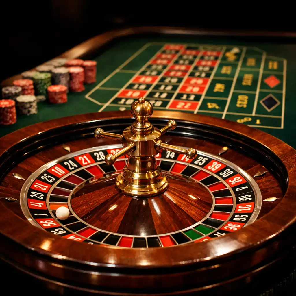 A real roulette table with a spinning wheel and betting layout, lit by a warm spotlight.