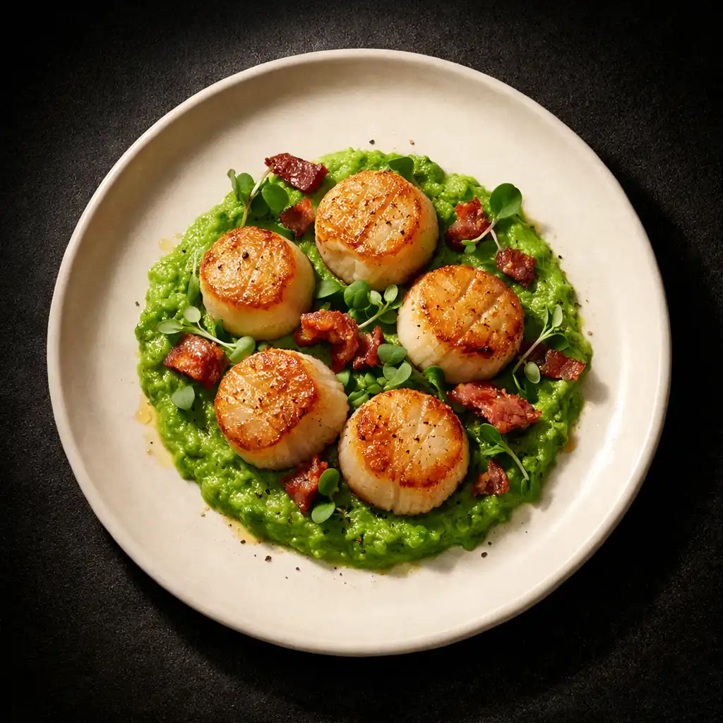 Seared scallops on pea purée with crispy pancetta and microgreens