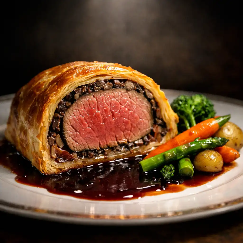 Sliced signature Beef Wellington with a perfectly cooked medium-rare centre, wrapped in golden puff pastry.