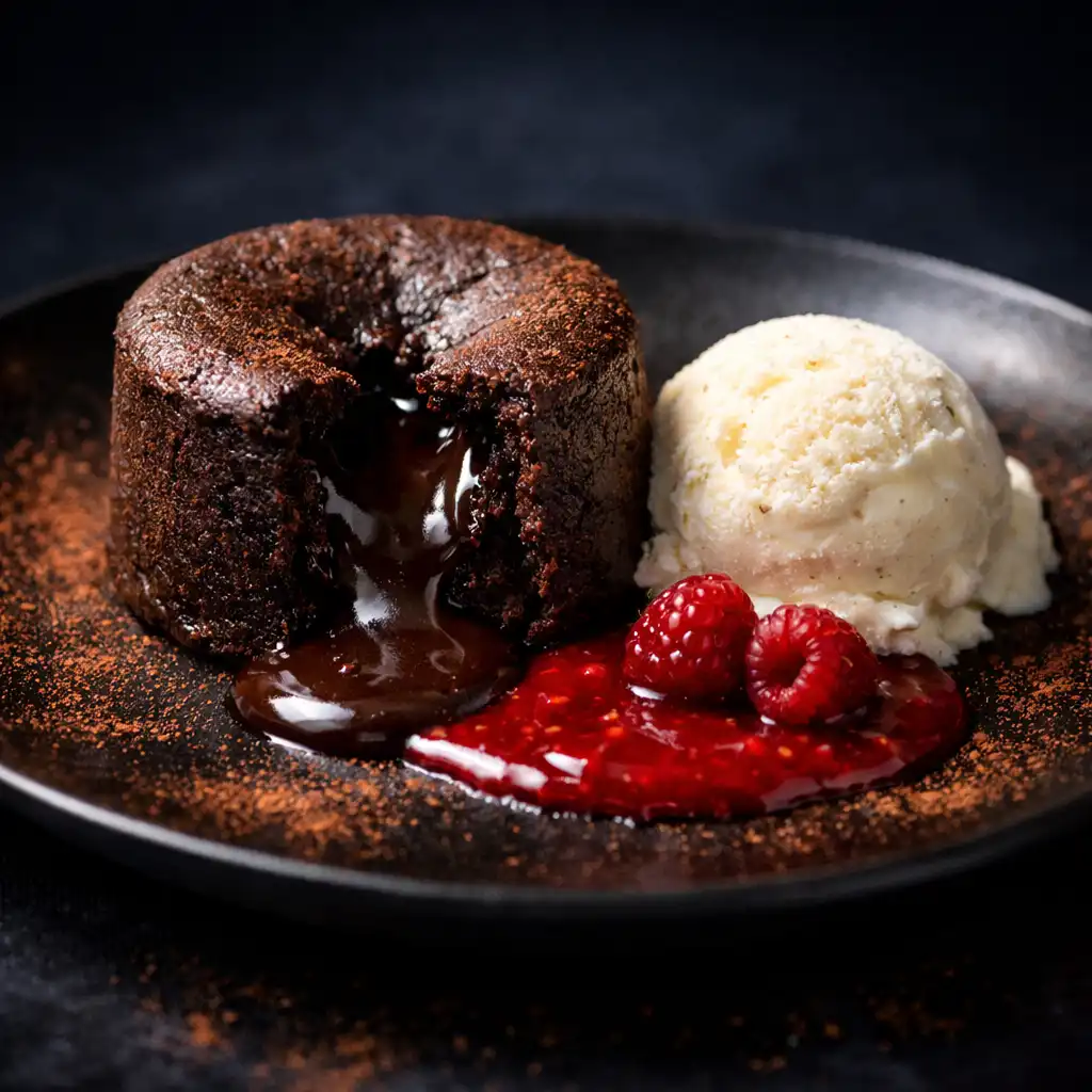 A rich dark chocolate fondant with molten centre, served with vanilla ice cream and raspberry coulis.