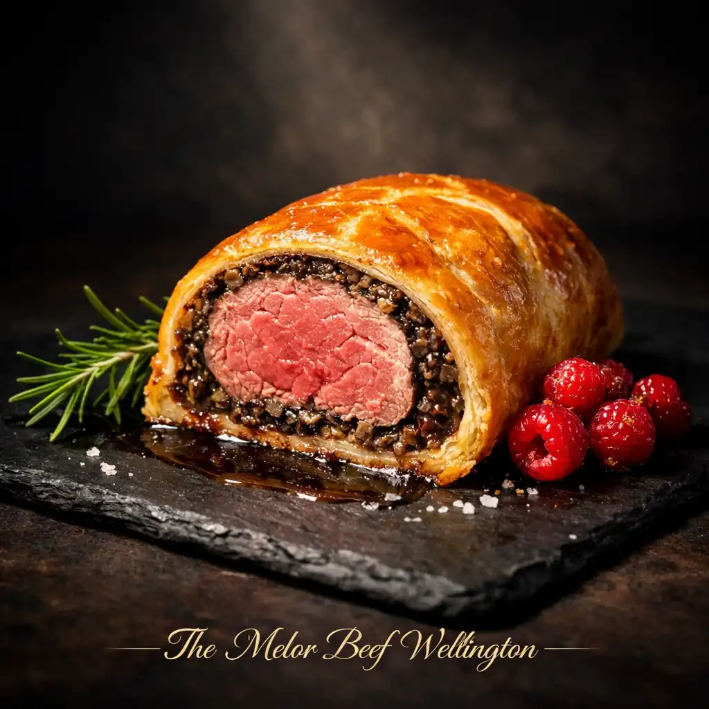 The Melor Beef Wellington with golden pastry and mushroom duxelles
