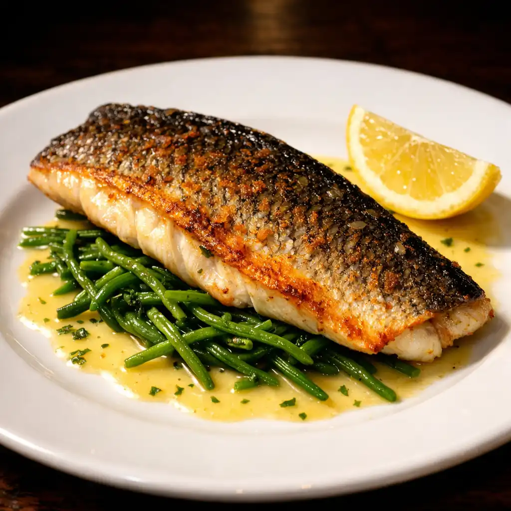 Pan-roasted sea bass fillet with crispy skin, served on a bed of samphire with citrus beurre blanc.