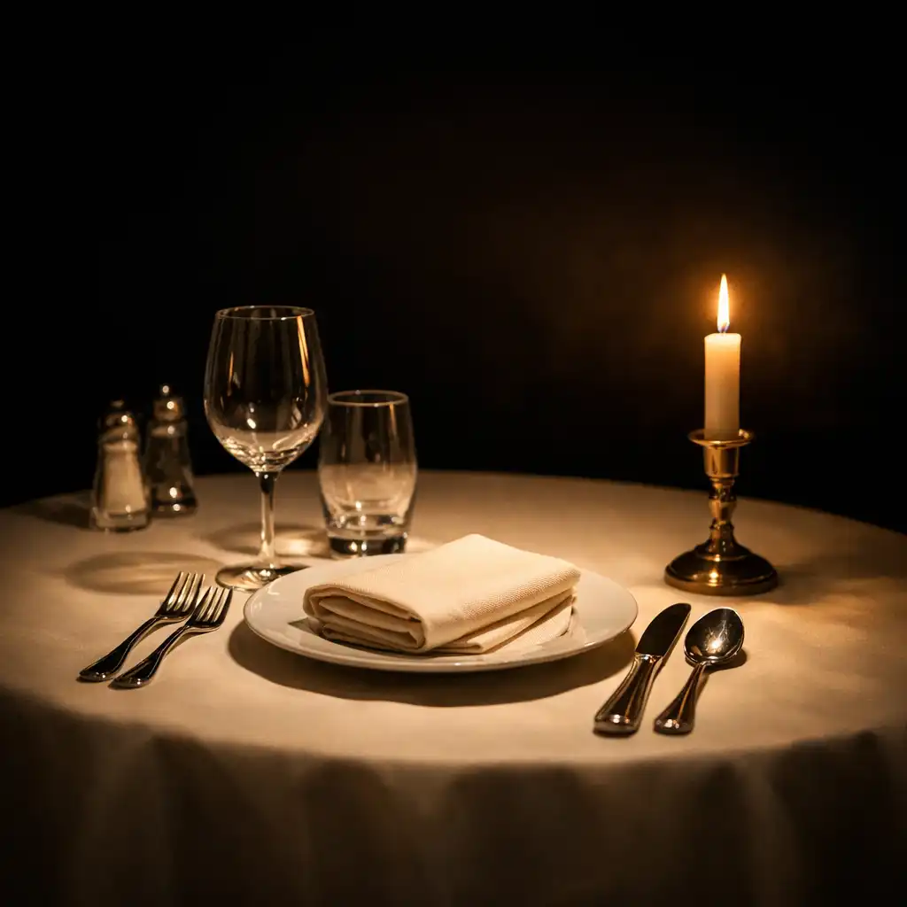 A beautifully set restaurant table under a soft theatrical spotlight