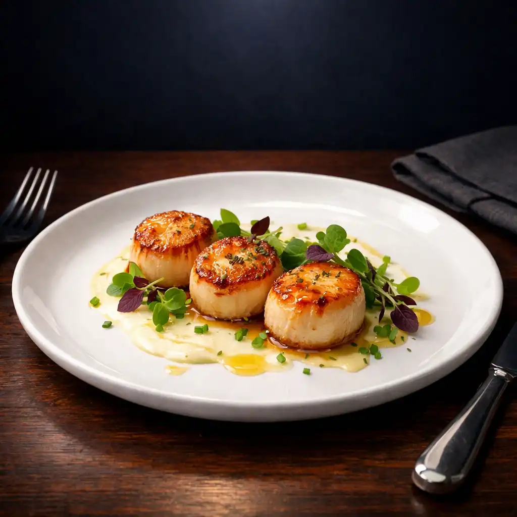 An elegant starter of seared scallops with a delicate sauce and microgreens on a white ceramic plate.