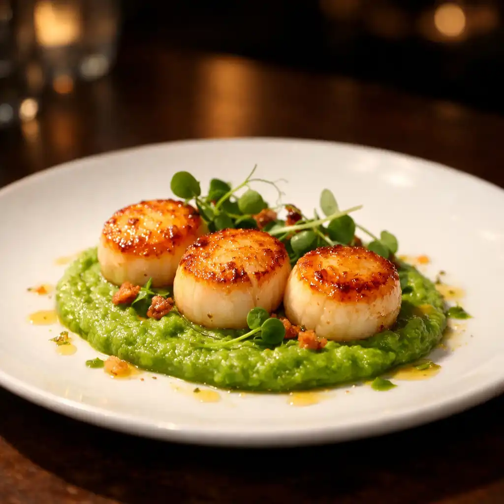 A delicate starter of seared scallops on pea purée under a focused spotlight