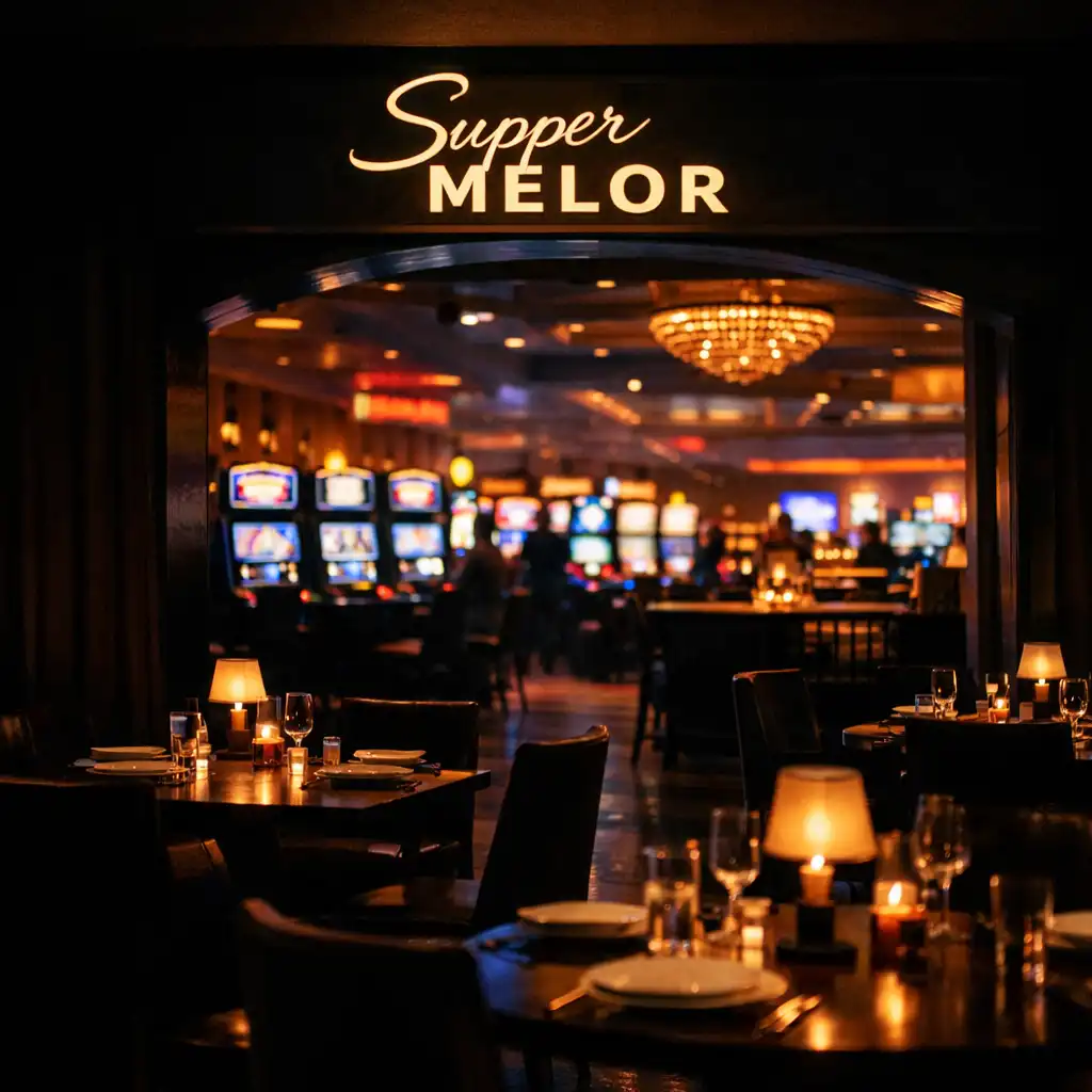 Supper Melor at dusk, looking from the dining area towards the glowing casino floor